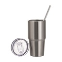 VASO DE VIAJE PLATEADO DE ACERO INOXIDABLE CON SORBETE Y TAPA  20onz (C-30)