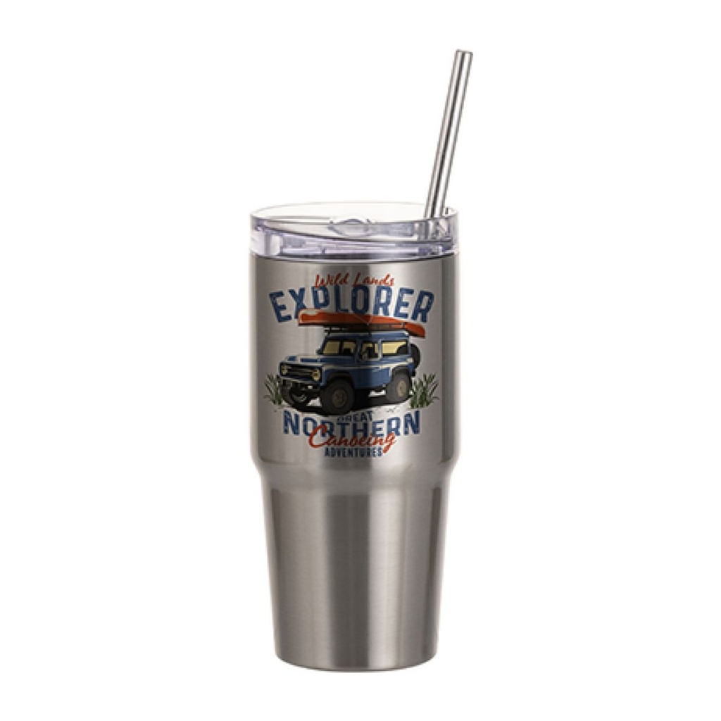 VASO DE VIAJE PLATEADO DE ACERO INOXIDABLE CON SORBETE Y TAPA  20onz (C-30)