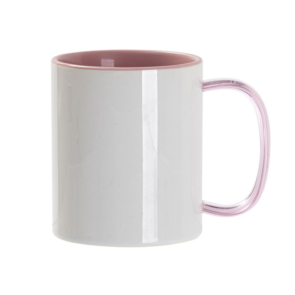 TAZA BLANCA CON INTERIOR Y ASA DE CRISTAL TRANSPARENTE ROSADA 11onz