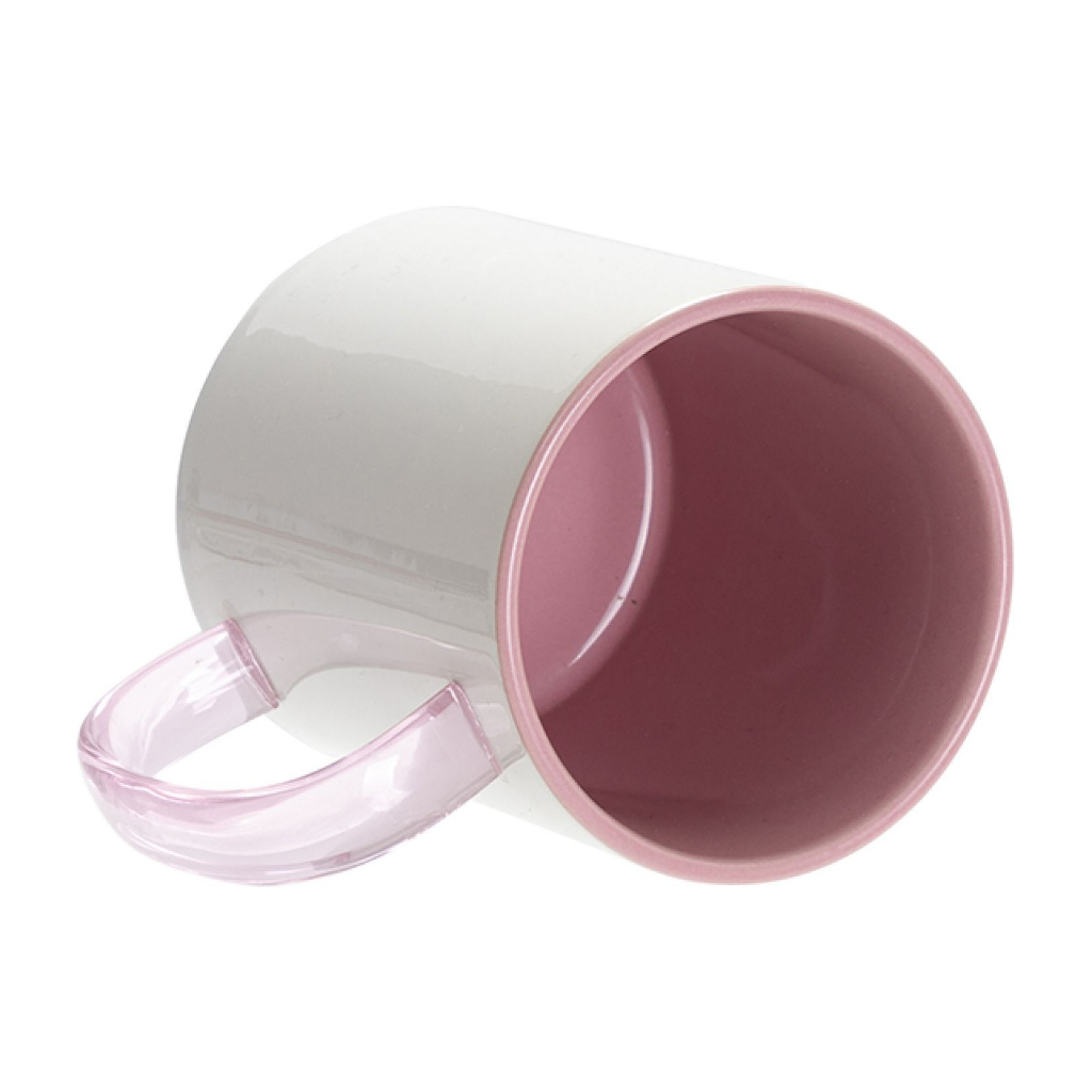 TAZA BLANCA CON INTERIOR Y ASA DE CRISTAL TRANSPARENTE ROSADA 11onz