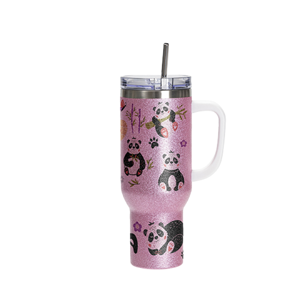 Vasos de Viajeros (Glitter Rosado con Asa) 40onz/1200mL - Acero Inoxidable con Sorbete y Tapa (C-20)