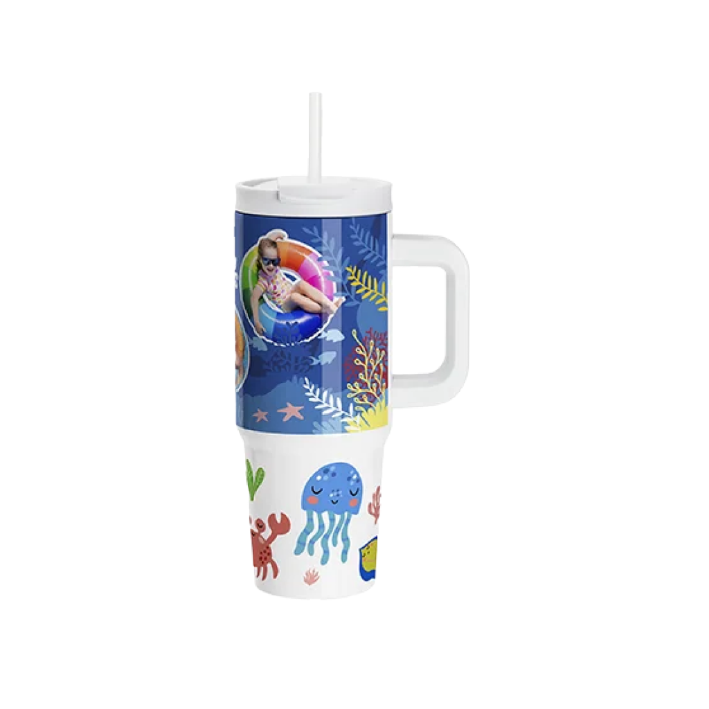 Vasos de Viajeros (Blanco con Asa) 30onz/900mL - Acero Inoxidable con Sorbete y Tapa (C-20)