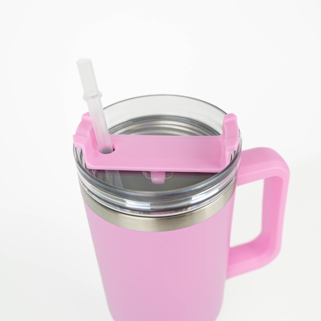 Vasos de Viajeros (Rose Pink Mate con Asa) 40onz/1200mL - Acero Inoxidable con Sorbete y Tapa (C-20)