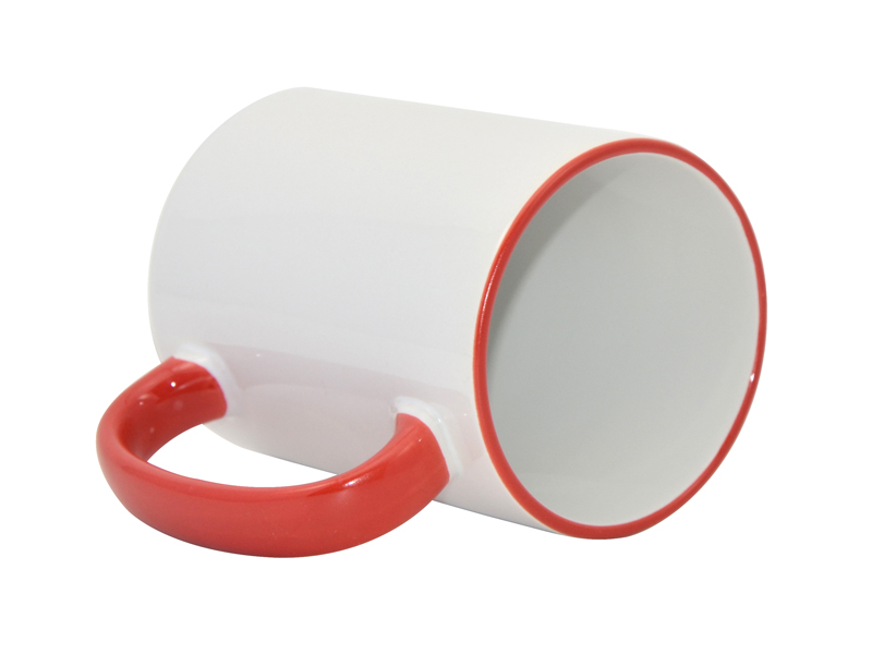 TAZAS BLANCAS CON ASA Y  BORDES ROJOS  15ONZ