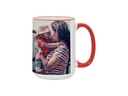 TAZAS BLANCAS CON ASA Y  BORDES ROJOS  15ONZ