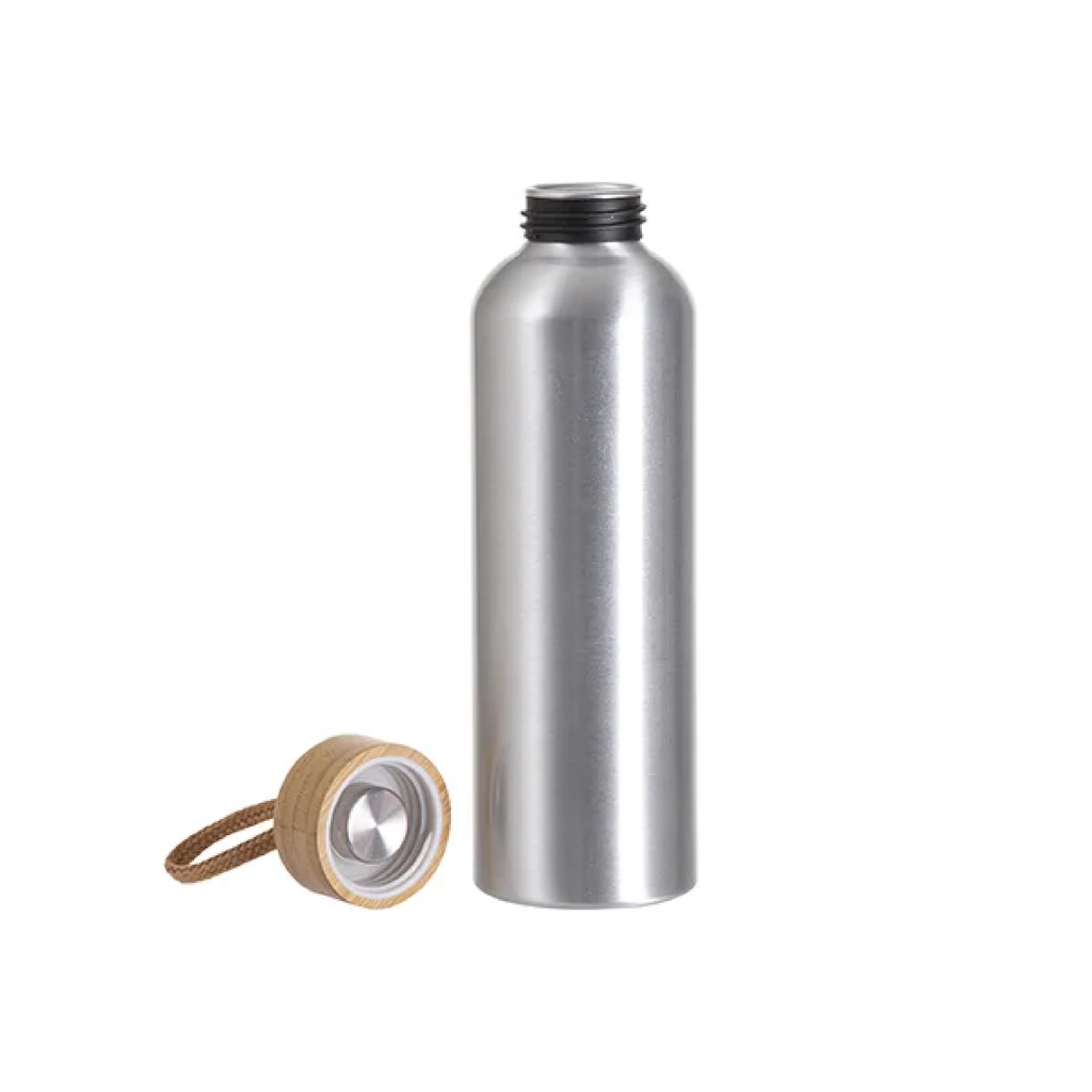 Botella Sublimacion Aluminio Silver con Tapa de Bambu - 22oz/650ml