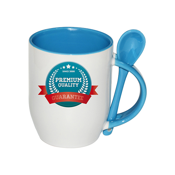 TAZAS BLANCAS CON CUCHARAS INTERIOR AZUL CLARO 11ONZ  (CJA 36)