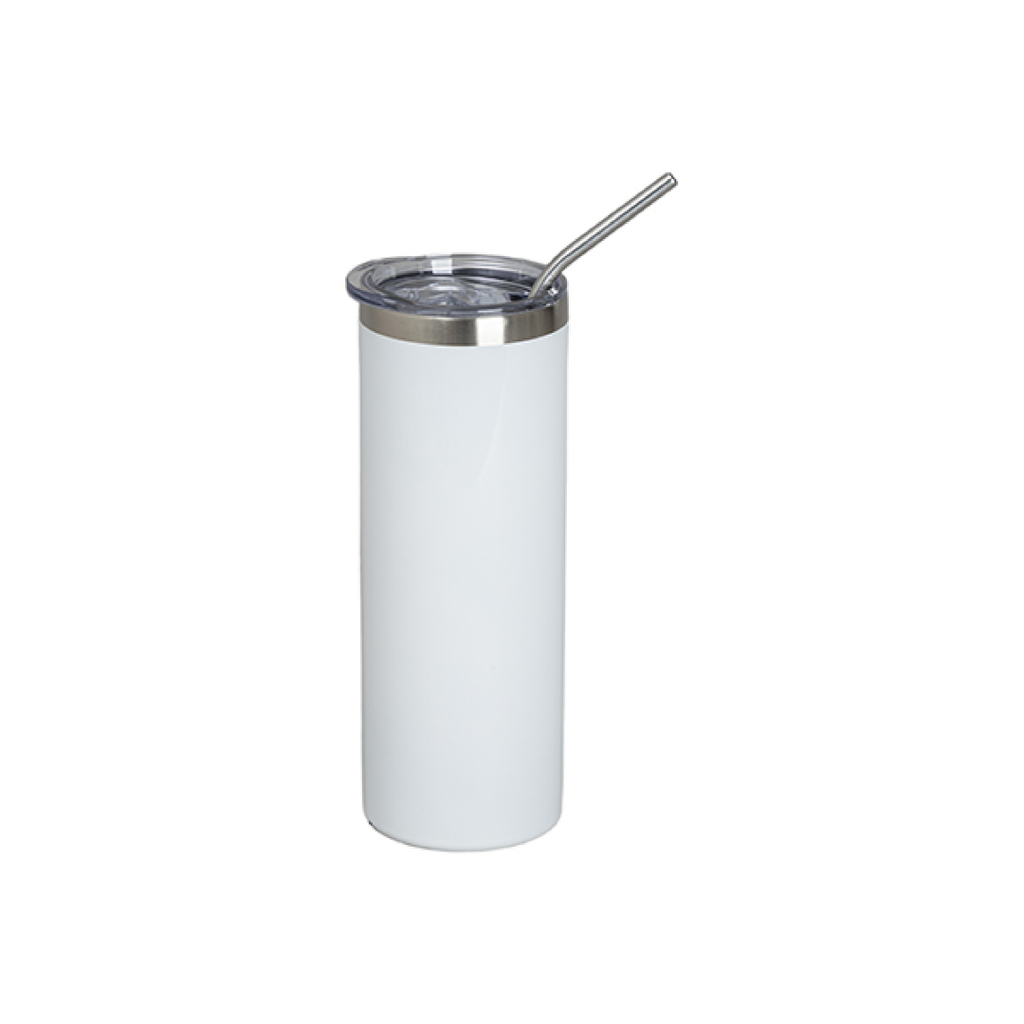 Vasos Borde Plateado (Blanco) 20oz/600ml Tapa y Sorbete - Acero Inoxidable (C-25)