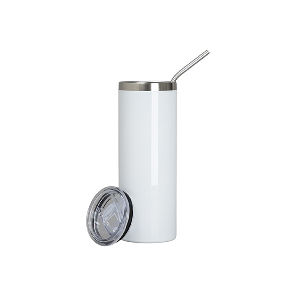Vasos Borde Plateado (Blanco) 20oz/600ml Tapa y Sorbete - Acero Inoxidable (C-25)