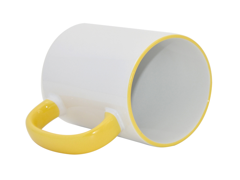 TAZAS BLANCAS CON ASA Y  BORDES AMARILLO 15ONZ