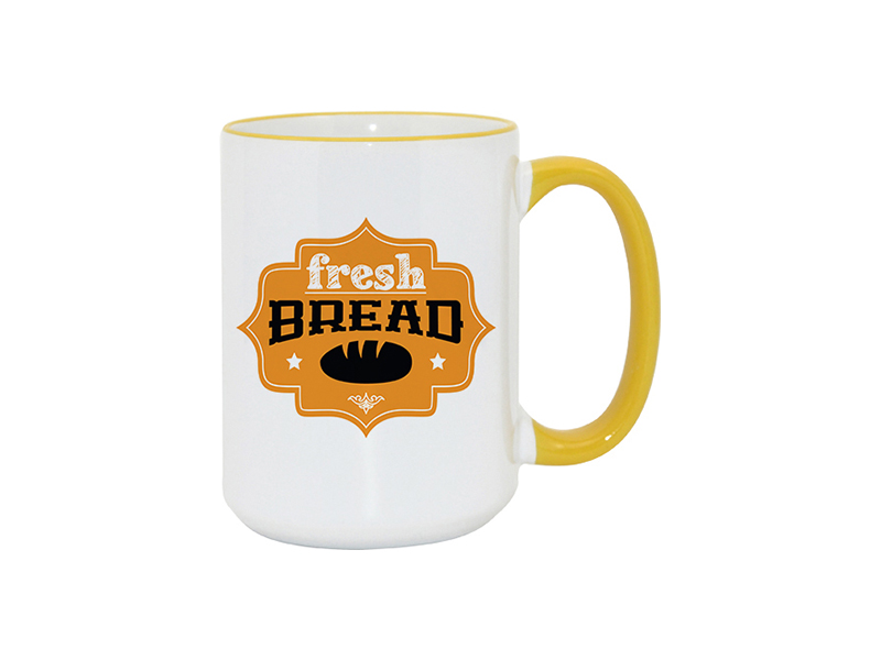 TAZAS BLANCAS CON ASA Y  BORDES AMARILLO 15ONZ
