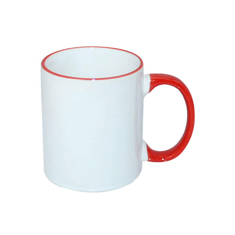 B11BA-09 TAZAS BLANCAS CON ASA Y  BORDES ROJOS  11ONZ  (C-48)