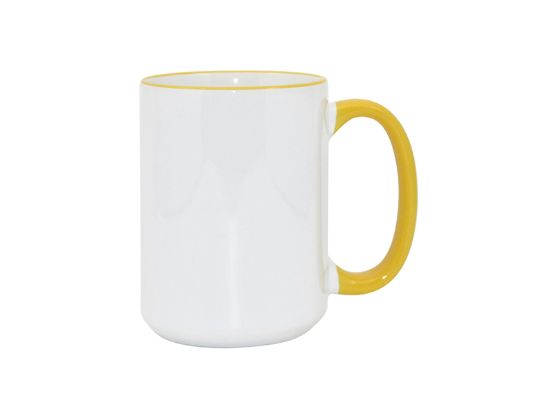TAZAS BLANCAS CON ASA Y  BORDES AMARILLO 15ONZ
