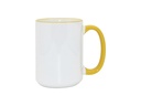 TAZAS BLANCAS CON ASA Y  BORDES AMARILLO 15ONZ