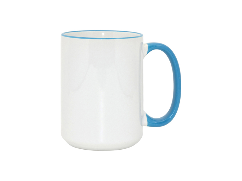 TAZAS BLANCAS CON ASA Y  BORDES AZUL CLARO 15ONZ