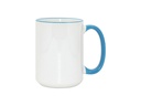 TAZAS BLANCAS CON ASA Y  BORDES AZUL CLARO 15ONZ