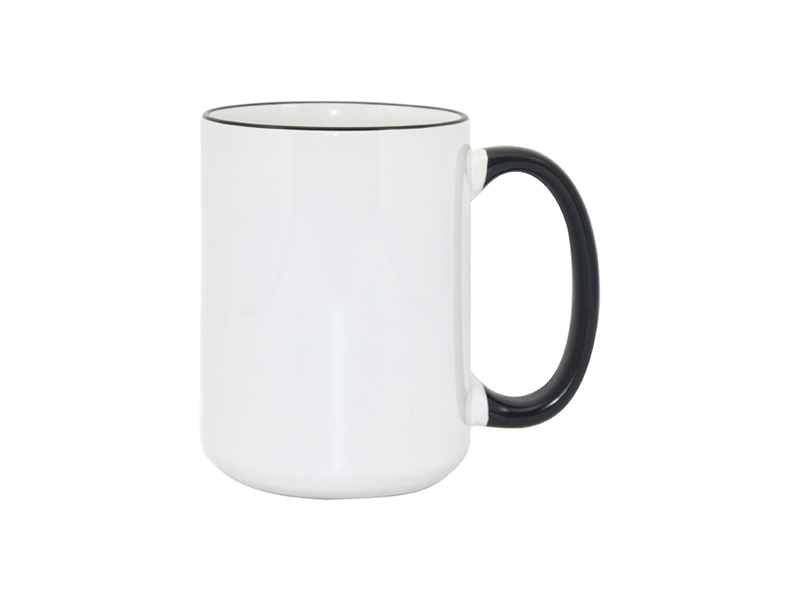TAZAS BLANCAS CON ASA Y  BORDES NEGRO 15ONZ