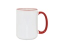 TAZAS BLANCAS CON ASA Y  BORDES ROJOS  15ONZ