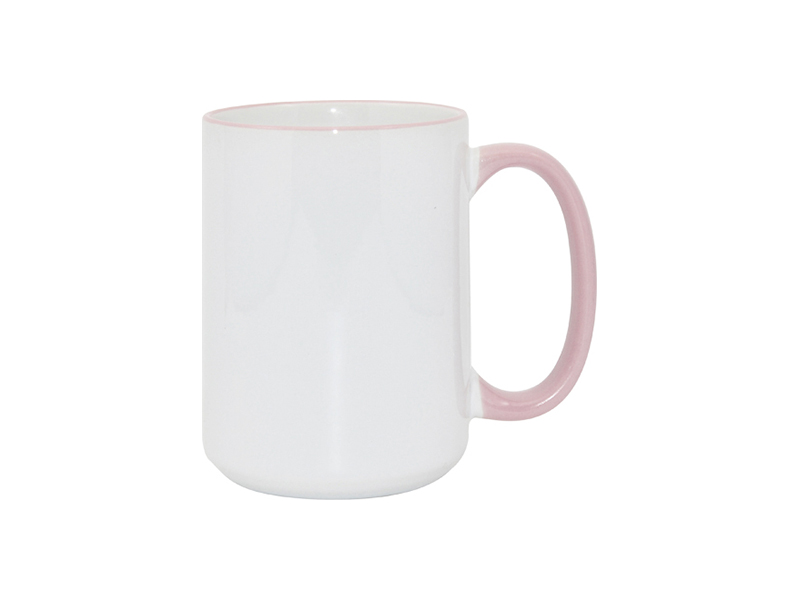 TAZAS BLANCAS CON ASA Y  BORDES ROSADO 15ONZ