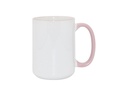 TAZAS BLANCAS CON ASA Y  BORDES ROSADO 15ONZ