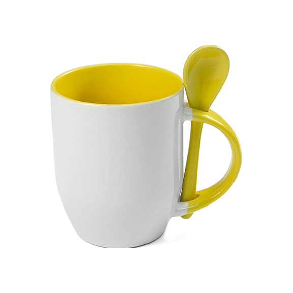 TAZAS BLANCAS CON CUCHARAS INTERIOR AMARILLO 11ONZ  (C-36)