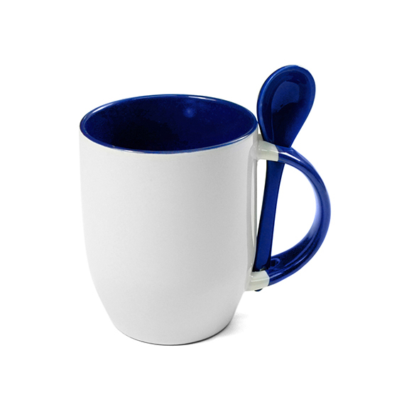 TAZAS BLANCAS CON CUCHARAS INTERIOR AZUL 11ONZ  (C-36)