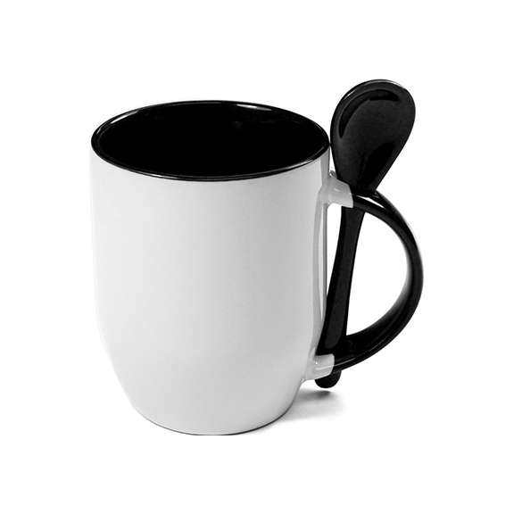 TAZAS BLANCAS CON CUCHARAS INTERIOR NEGRO 11ONZ  (C-36)