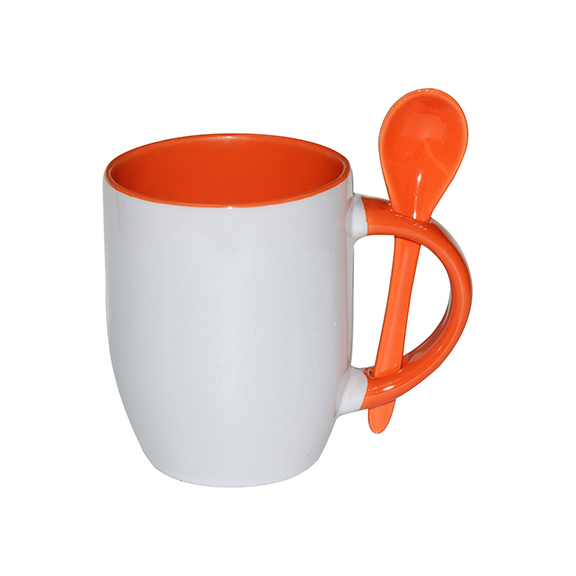 TAZAS BLANCAS CON CUCHARAS INTERIOR ORANGE 11ONZ  (C-36)
