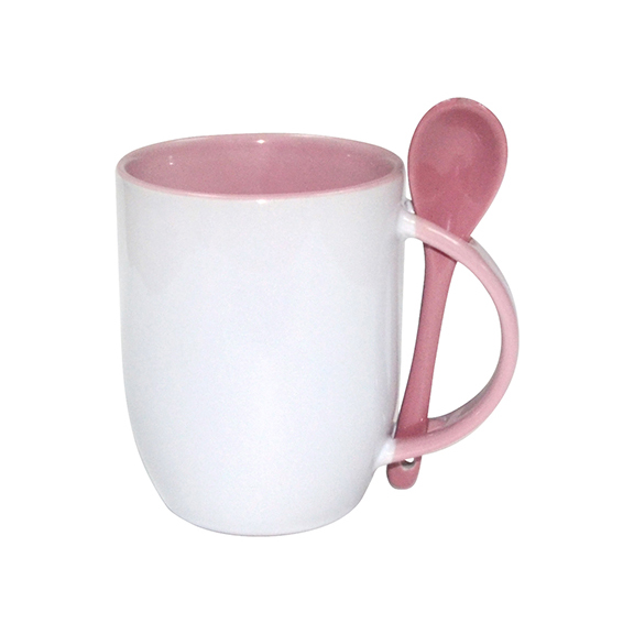 TAZAS BLANCAS CON CUCHARAS INTERIOR ROSADO  11ONZ  (C-36)