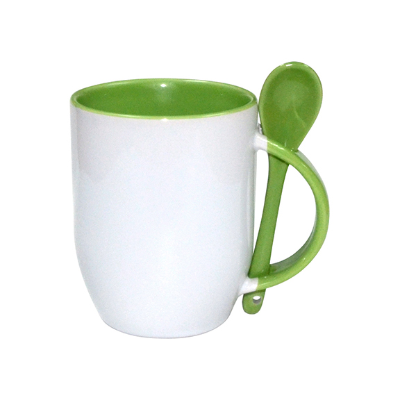 TAZAS BLANCAS CON CUCHARAS INTERIOR VERDE CLARO 11ONZ  (C-36)
