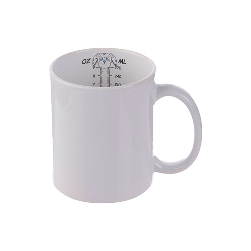 TAZAS BLANCAS CON MEDICION EN EL INTERIOR E  IMAGEN DE PERRO PARA SUBLIMACION 11 ONZ