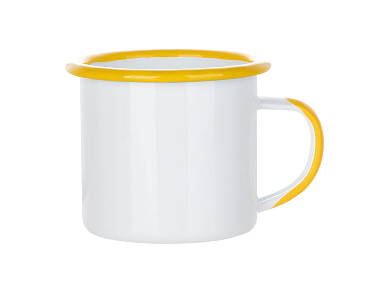 Tazas Esmaltada Blanca Borde Yellow 12oz Sublimacion (cja 48)