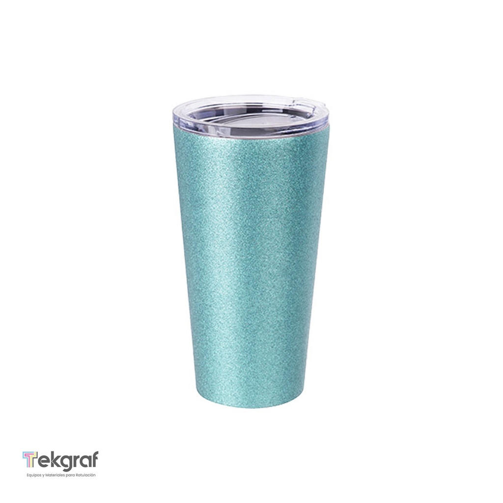 VASO GLITTER VERDE AQUA DE ACERO INOXIDABLE PARA SUBLIMACION  CON TAPA  16ONZ