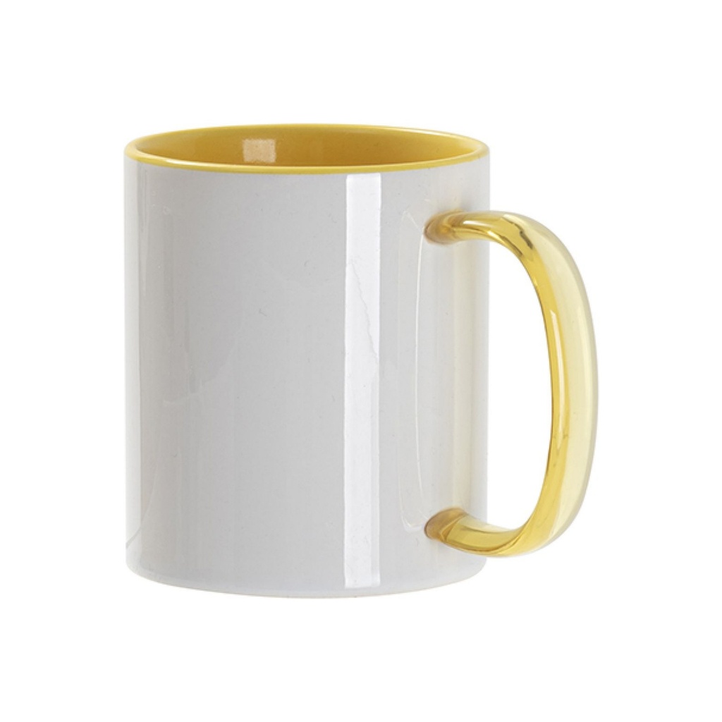TAZA BLANCA CON INTERIOR Y ASA DE CRISTAL TRANSPARENTE AMARILLA 11ONZ