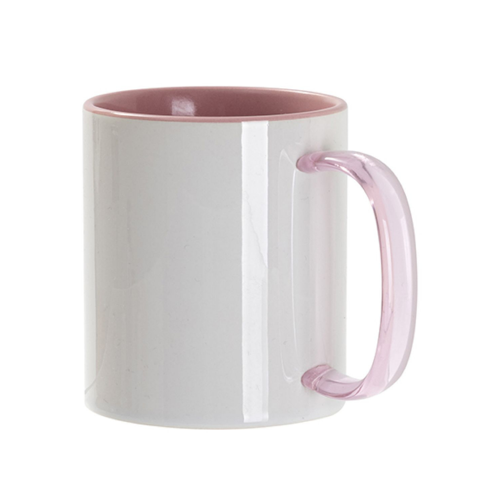 TAZA BLANCA CON INTERIOR Y ASA DE CRISTAL TRANSPARENTE ROSADA 11onz