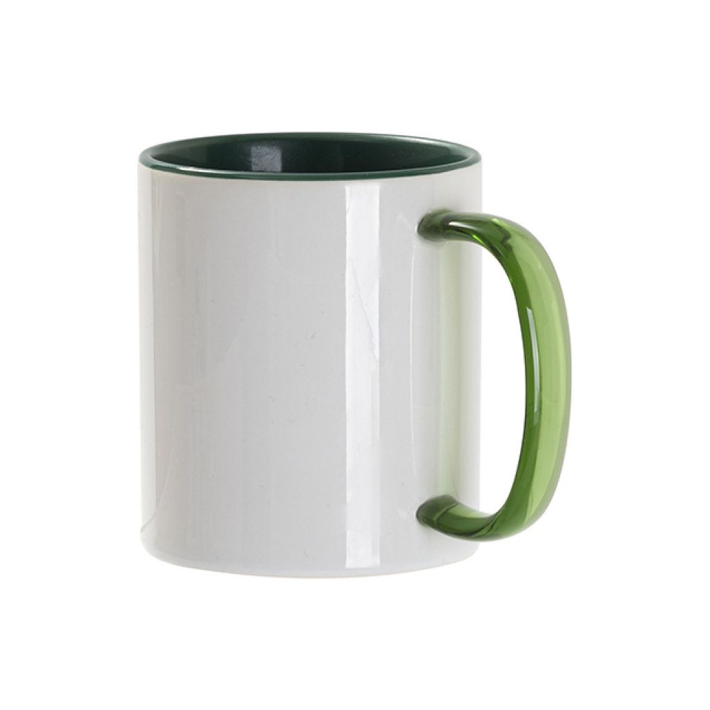TAZA BLANCA CON INTERIOR Y ASA DE CRISTAL TRANSPARENTE VERDE 11onz