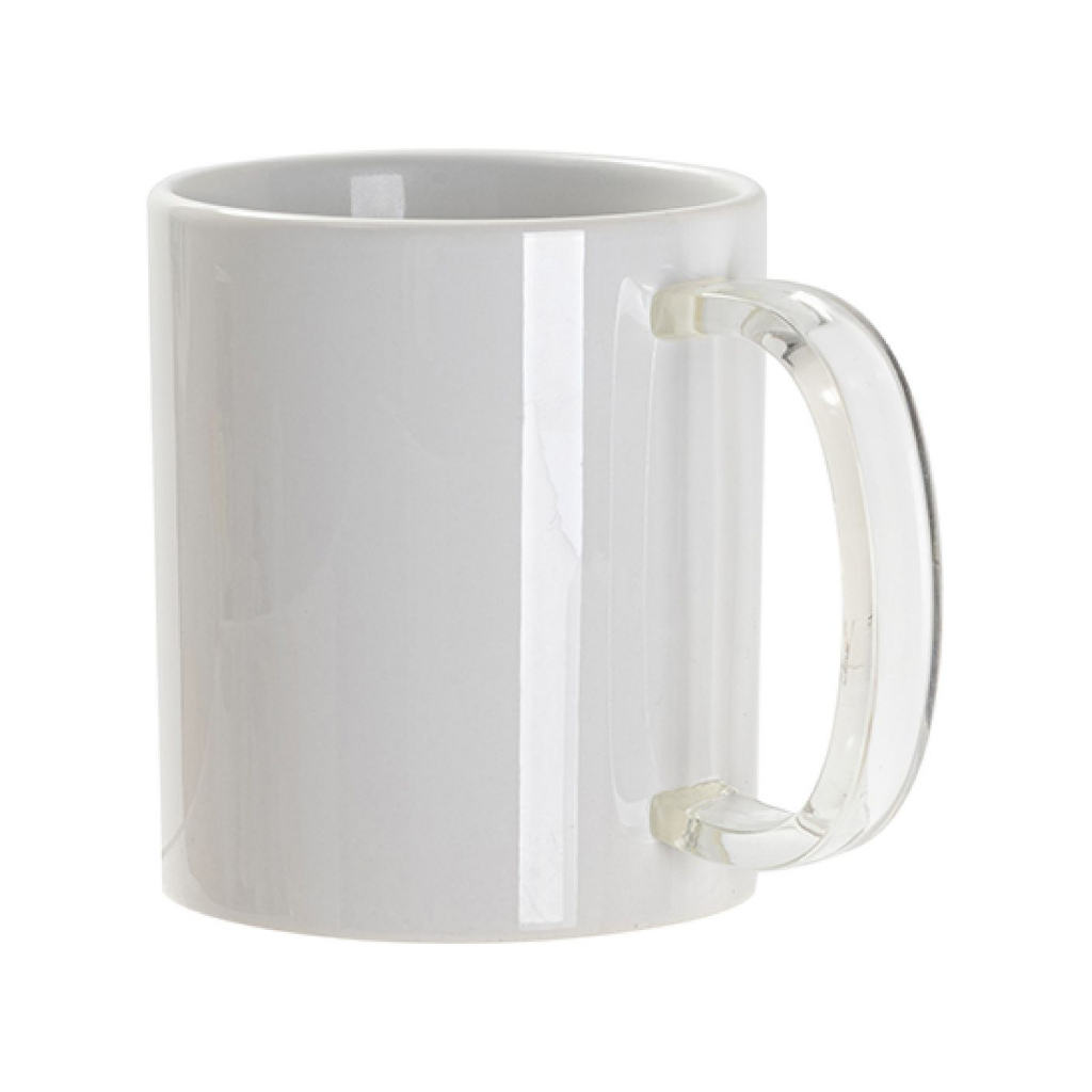 TAZA BLANCA CON ASA DE CRISTAL TRANSPARENTE 11ONZ