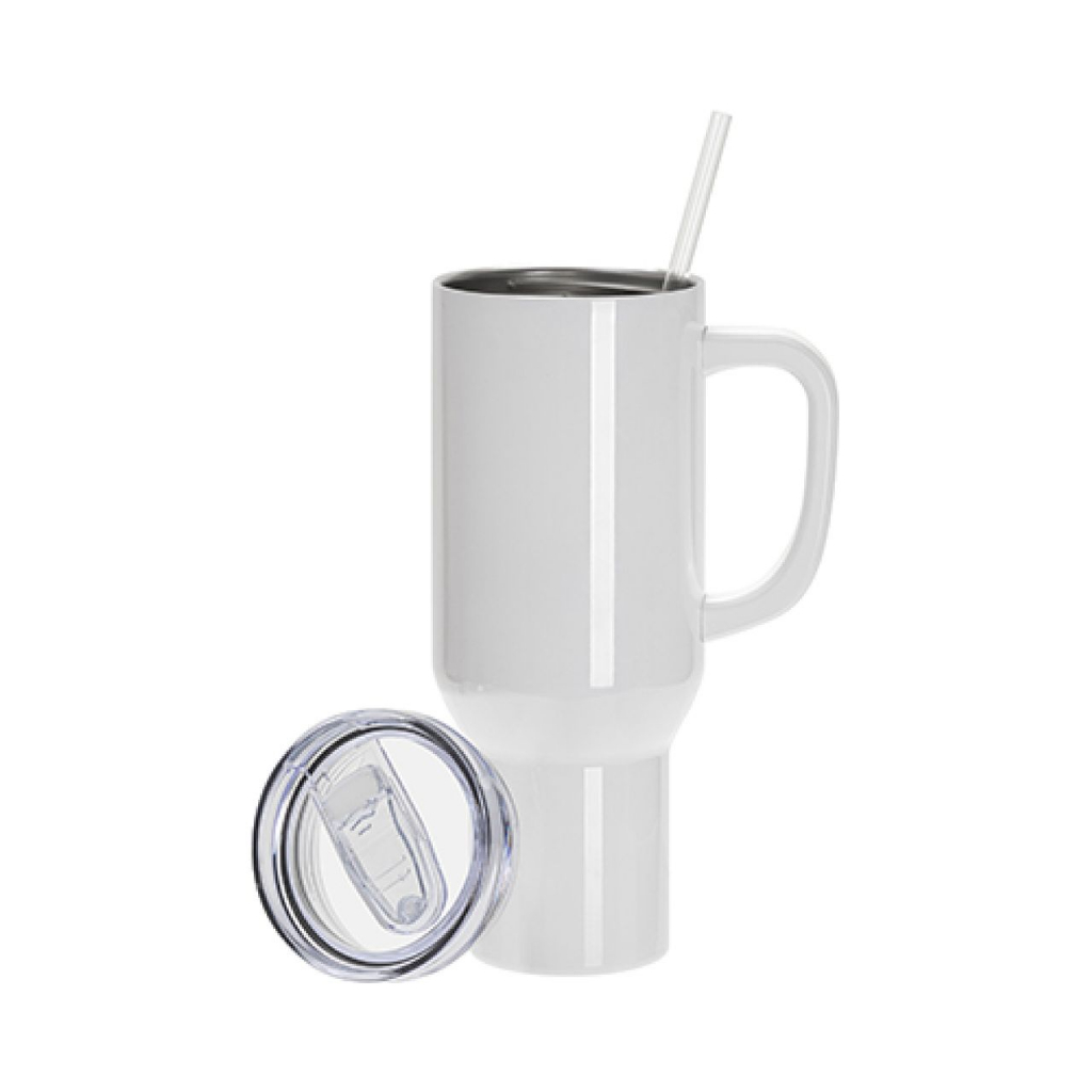 Vasos de Viajeros (Blanco con Asa) 40onz/1200mL - Acero Inoxidable con Sorbete y Tapa (C-20)