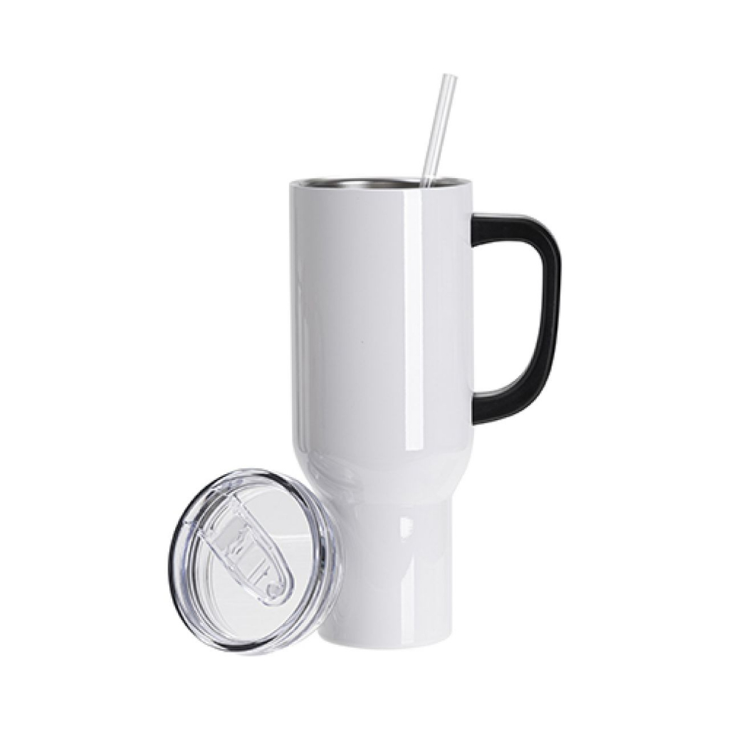 Vasos de Viajeros (Blanco con Asa Negra) 40onz/1200mL - Acero Inoxidable con Sorbete y Tapa (C-20)